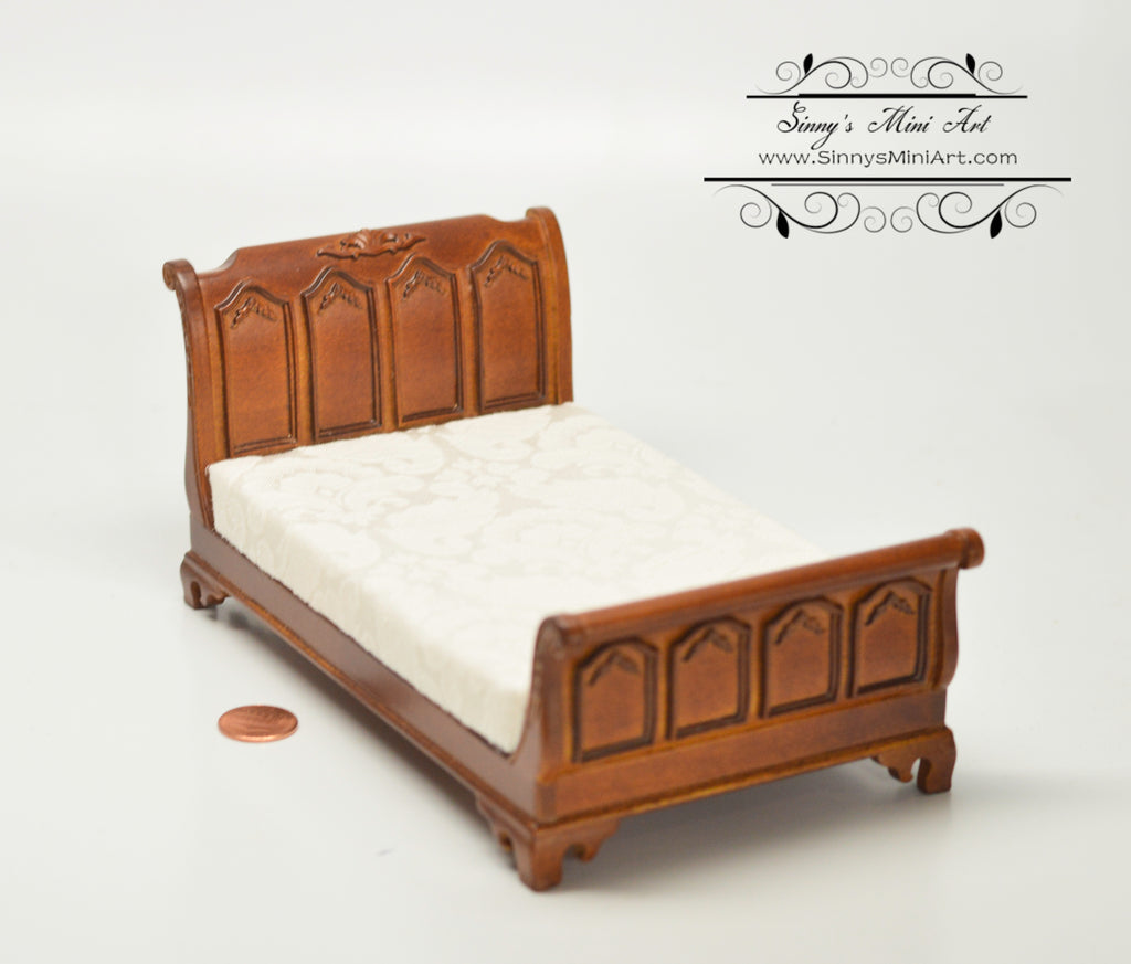 Inusitus Wooden Dollhouse Queen Bed - Dolls House Furniture Queen Bed- 1/12 Scale (Dark Brown)
