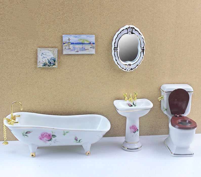 1:12 Dollhouse Miniature Ceramic Bathroom Set/ Doll Toilet / Miniature Tub E4-4