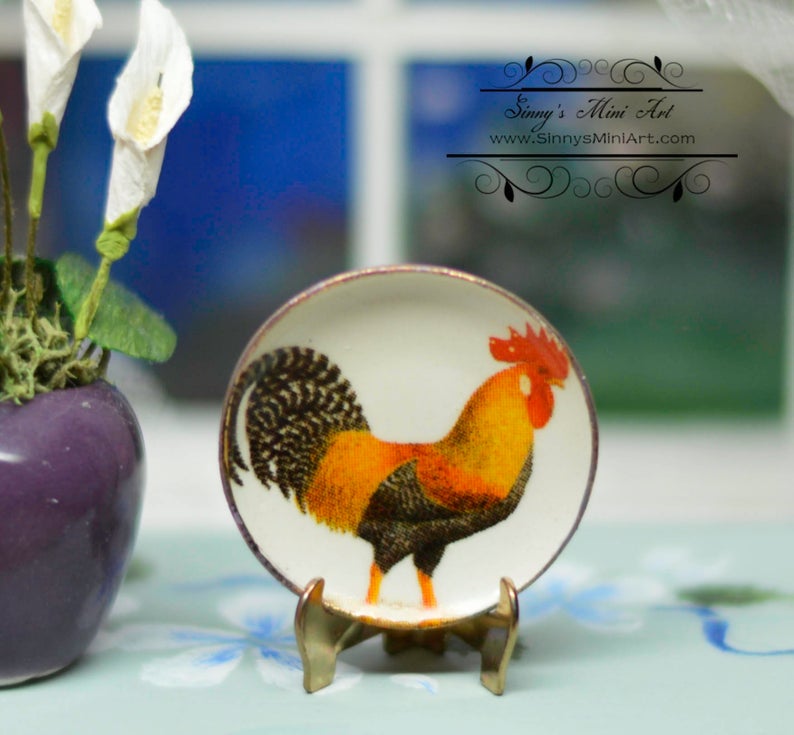 1:12 Dollhouse Miniature Rooster and Chicken Plate BB CDD299