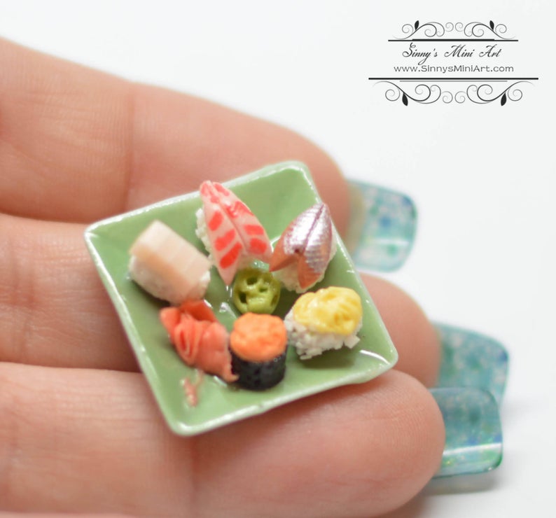 1:12 Dollhouse Miniature Sushi Assortment on Square Green Plate BD F220