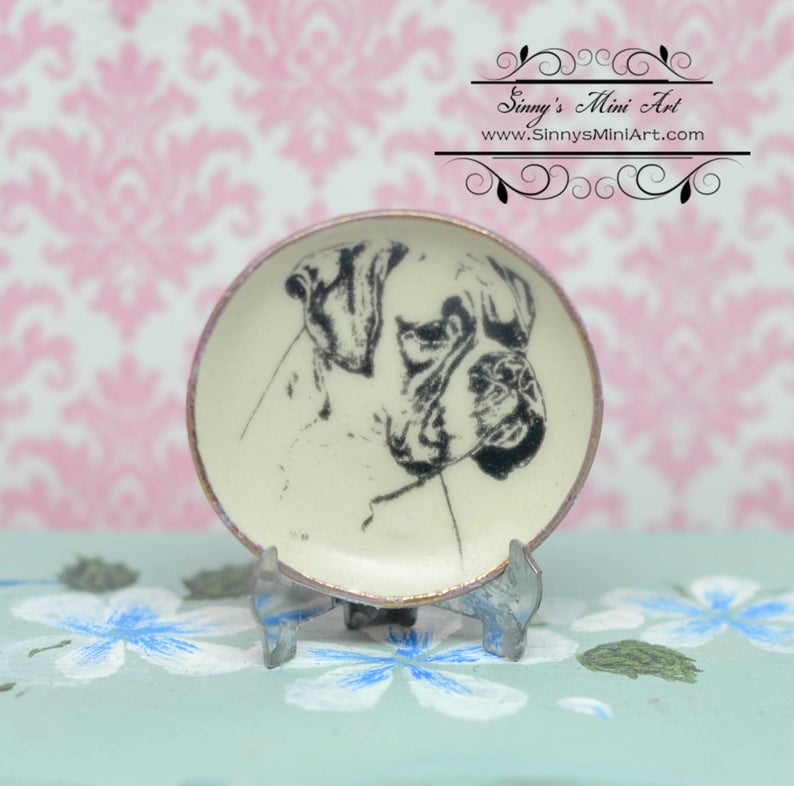 1:12 Dollhouse Miniature Boxer Dog Decorative Plate BB CDD265-5A