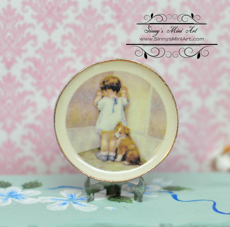 1:12 Dollhouse Miniature Decorative Plate / Child with Puppy BB CDD614-3