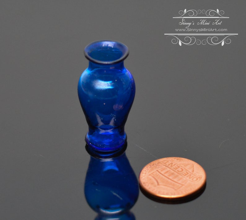 1:12 Dollhouse Miniature Blue Glass Classic Pedestal Vase BD HB059