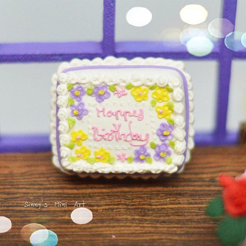 Discontinued 1:12 Dollhouse Miniature Floral Happy Birthday Sheet Cake BD K2305