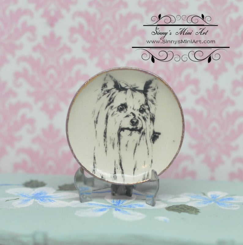 1:12 Dollhouse Miniature Decorative Plate / Yorkshire Terrier / Yorkie Dog BB CDD265-2A