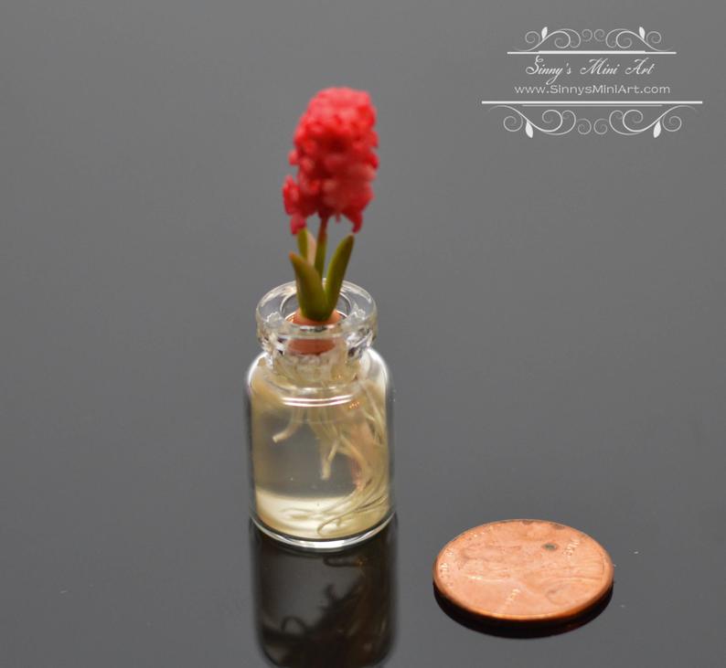1:12 Dollhouse Miniature Red Gladiola with Roots in Glass Jar BD A114