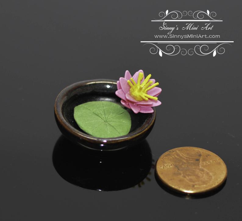 1:12 Dollhouse Miniature Pink Water Lily in Bowl BD A1002