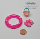 1:12 Dollhouse Miniature Swim Tube, Sand Pail & Flip Flops - Pink/Heart BB SF40-A