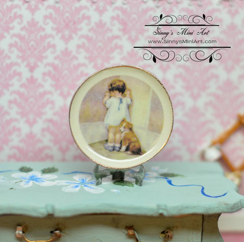 1:12 Dollhouse Miniature Decorative Plate / Child with Puppy BB CDD614-3