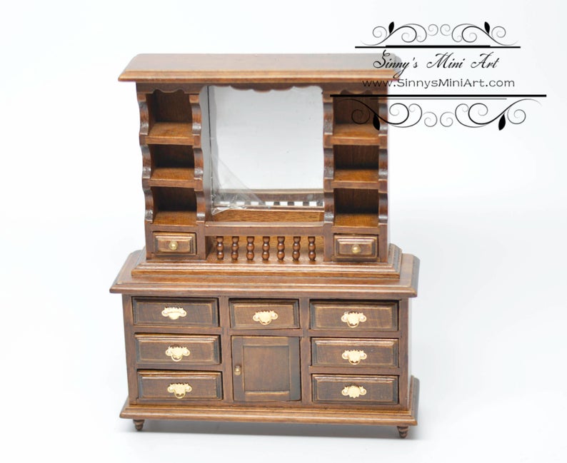 DIS 1:12 Dollhouse Miniature Dresser with Mirror / Walnut Miniature Furniture AZ T6328