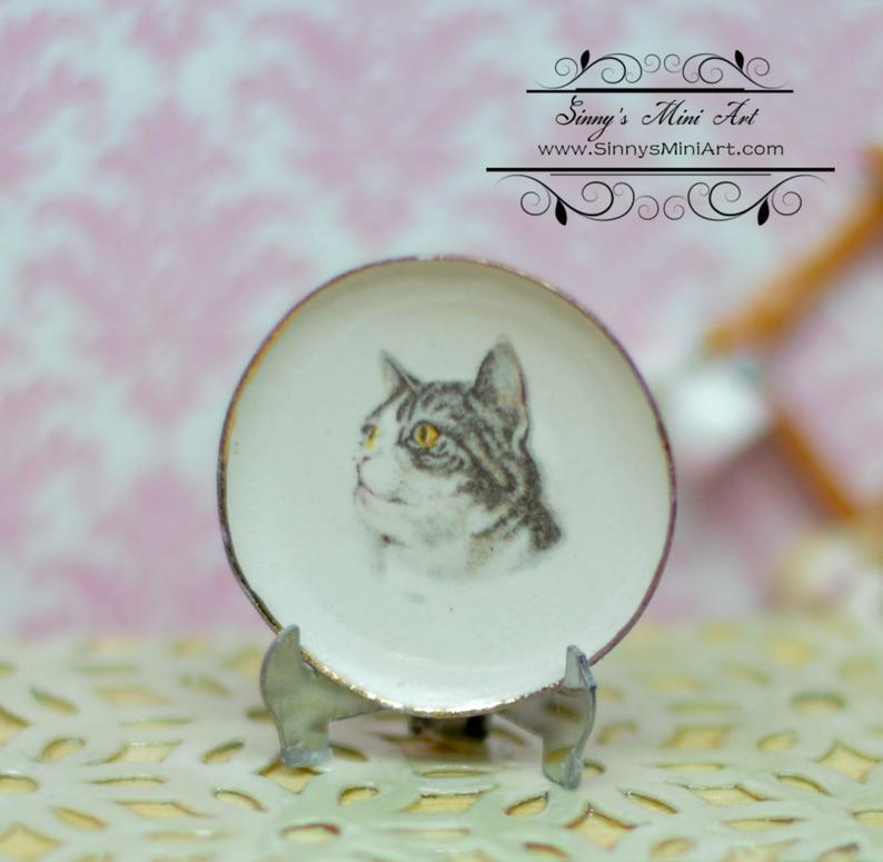 1:12 Dollhouse Miniature Decorative Cat Plate / Gray Cat BB CDD-0-2