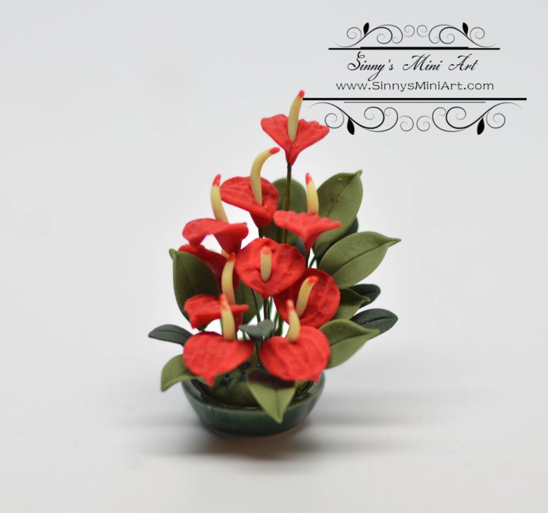 1:12 Dollhouse Miniature Red Anthurium in Planter BD A1090