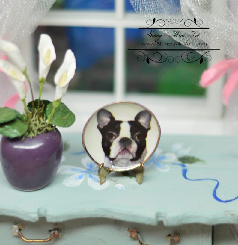 1:12 Dollhouse Miniature Boston Terrier Plate/ Miniature Dog Plate BB CDD501-3