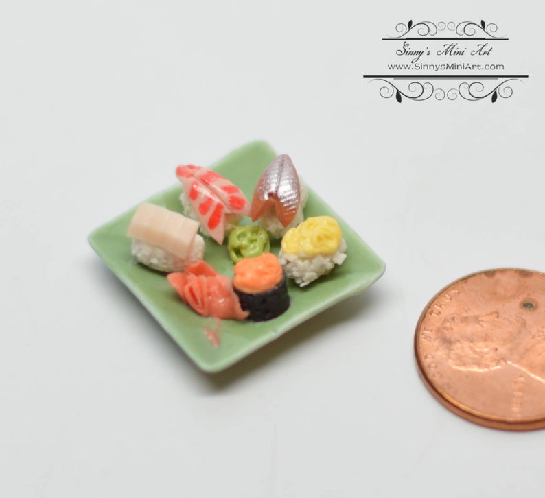 1:12 Dollhouse Miniature Sushi Assortment on Square Green Plate BD F220