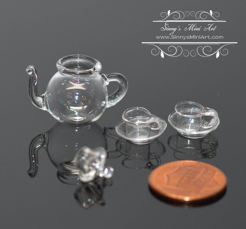 1:12 Miniature Glass Teapot with Lid and Two Cups with Two Saucers BD HB160