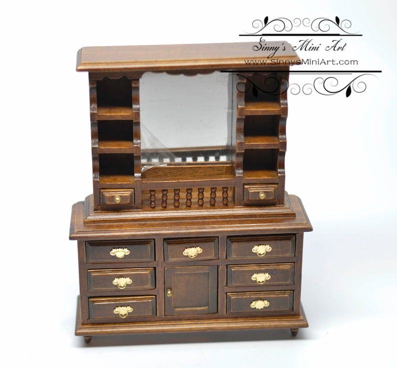 DIS 1:12 Dollhouse Miniature Dresser with Mirror / Walnut Miniature Furniture AZ T6328