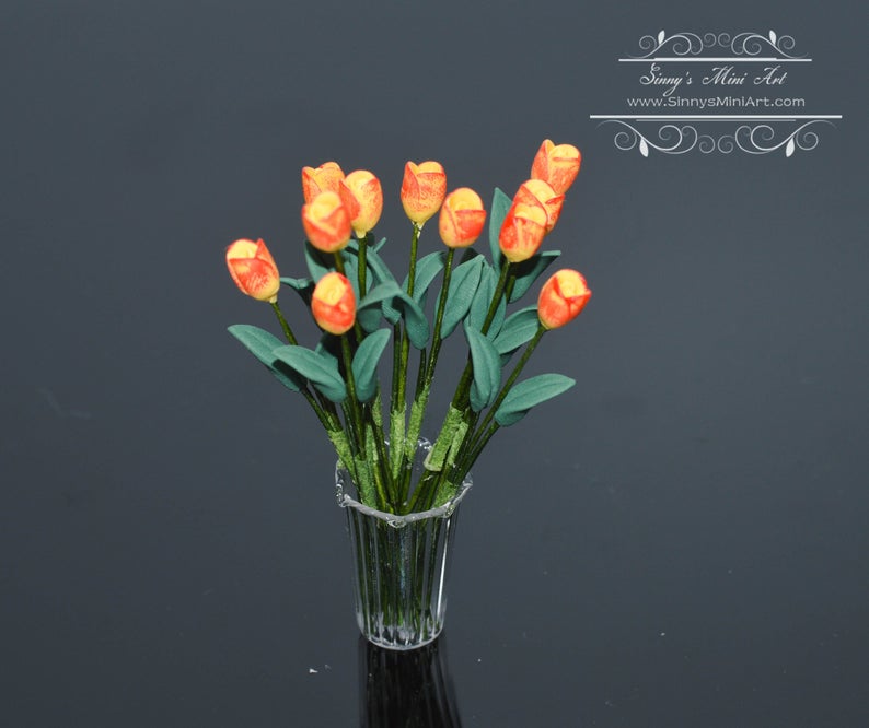 BO 1:12 Dollhouse Miniature 12 Yellow/Orange Tulips in Vase BD R551