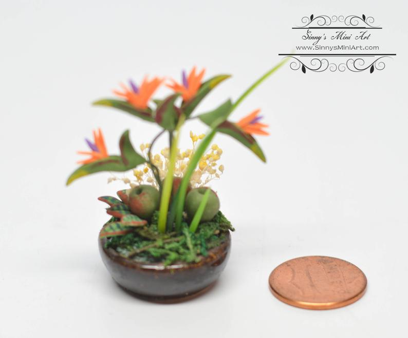 1:12 Dollhouse Miniature Bird-of-Paradise Flower Arrangement in Bowl BD A1018