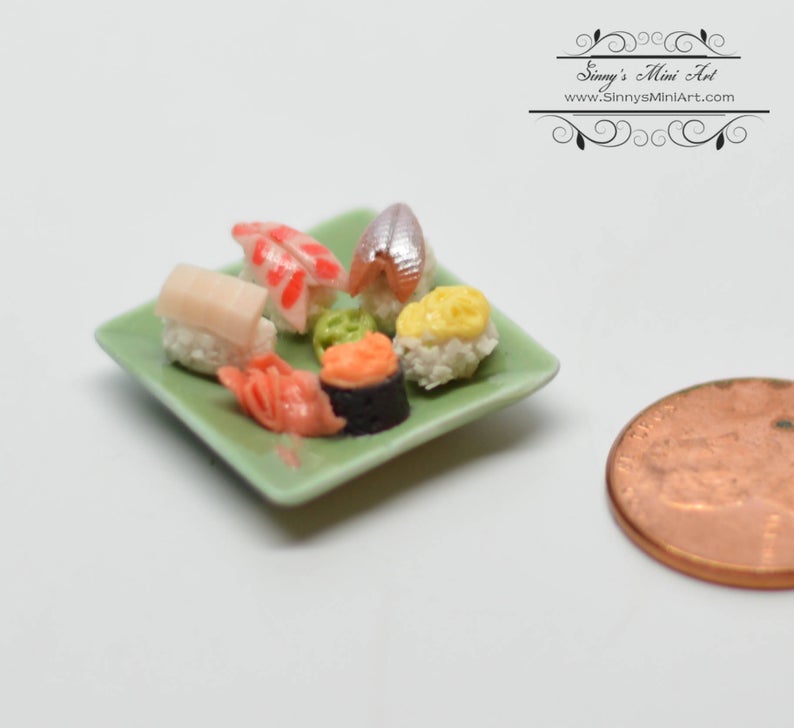 1:12 Dollhouse Miniature Sushi Assortment on Square Green Plate BD F220