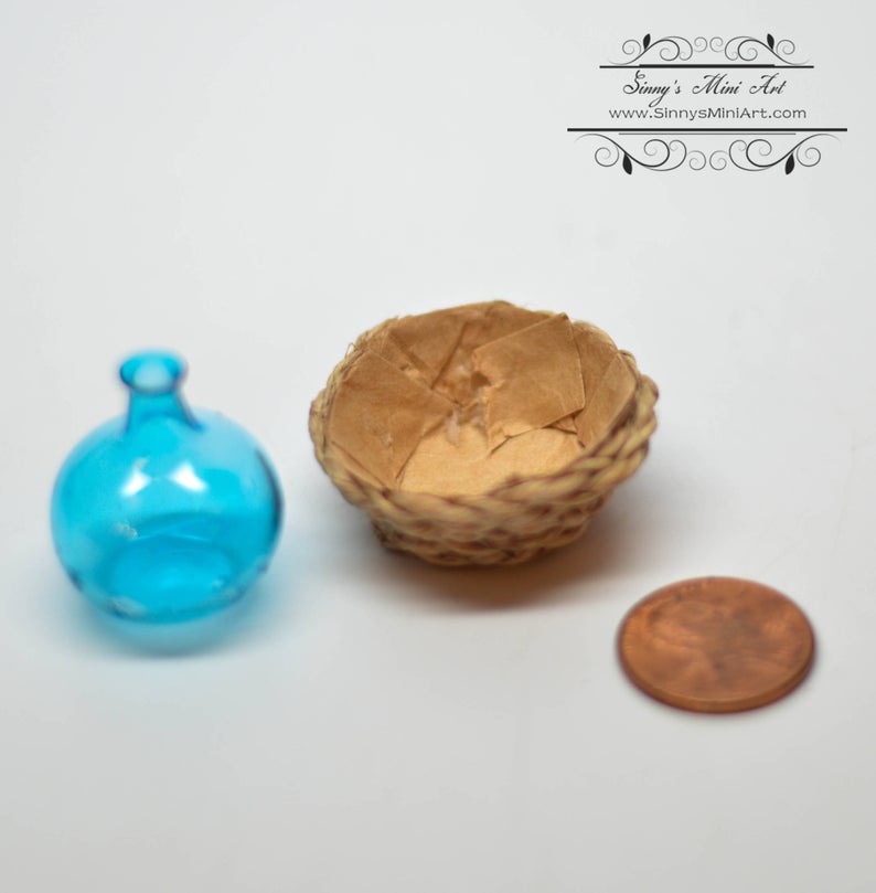 BO Version 1 1:12 Dollhouse Miniature Turquoise Demijohn in Basket BD H139