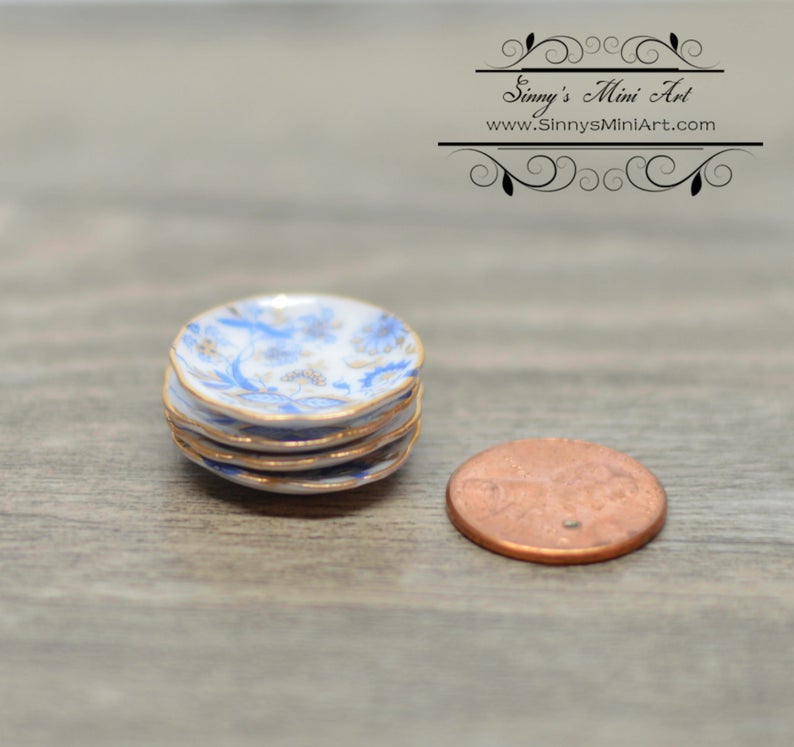 1:12 Dollhouse Miniature Porcelain Blue Onion Plate Set (4 Pieces) RP 1.389/5