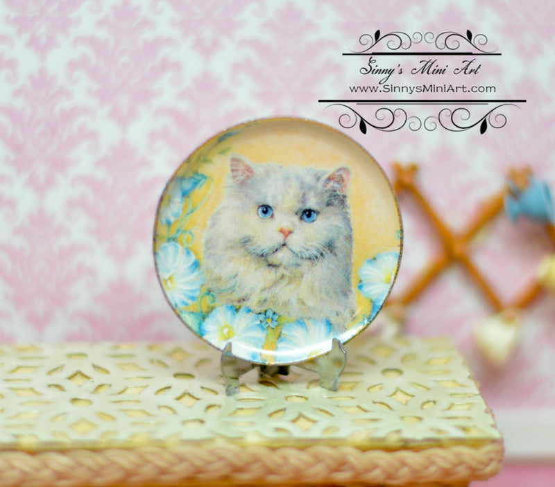 1:12 Dollhouse Miniature Decorative Plate, Cat with Flowers BB CDD322-4