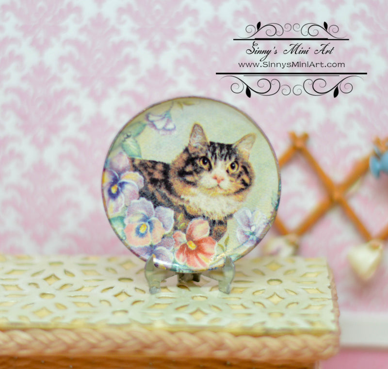 1:12 Dollhouse Miniature Decorative Plate, Cat with Flowers BB CDD322-3