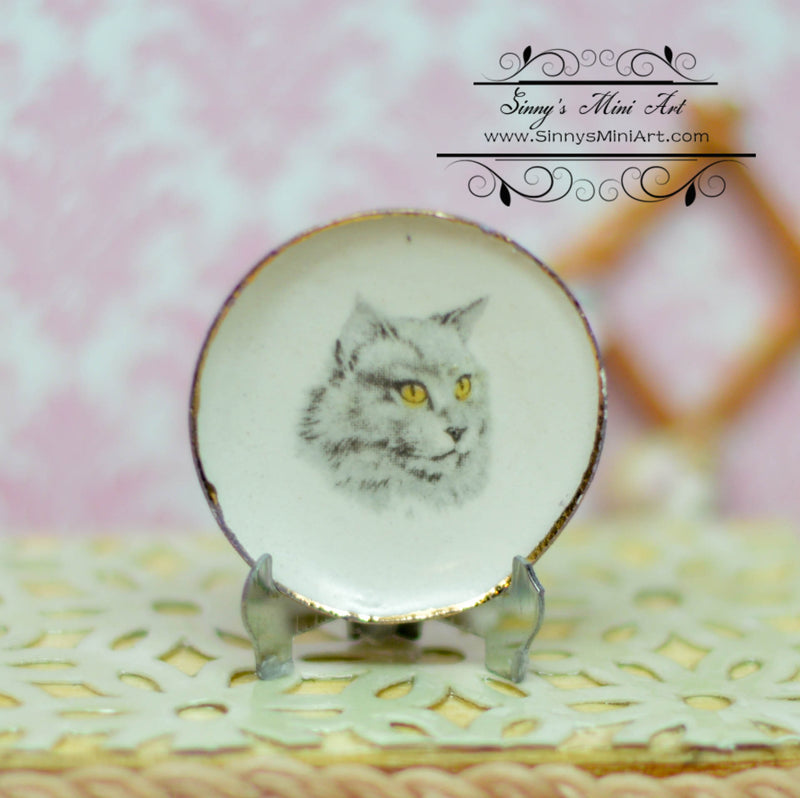 1:12 Dollhouse Miniature Decorative Cat Plate / Gray Cat BB CDD-0-1