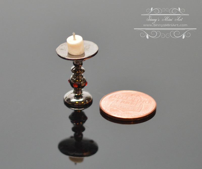 1: 12 Dollhouse Miniature Tall Ruby Encrusted Candlestick with White Candle BD H116