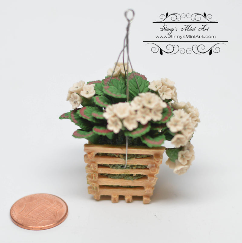 1:12 Dollhouse Miniature White Geraniums in Hanging Basket BD A615