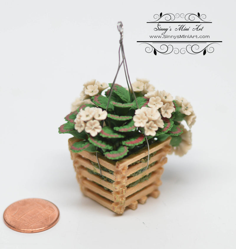 1:12 Dollhouse Miniature White Geraniums in Hanging Basket BD A615