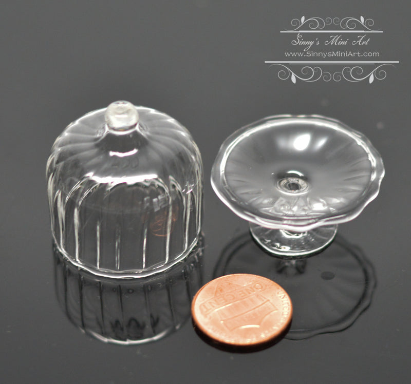 1:12 Dollhouse Miniature Glass Cake Plate with Cover Ribbed BD HB496