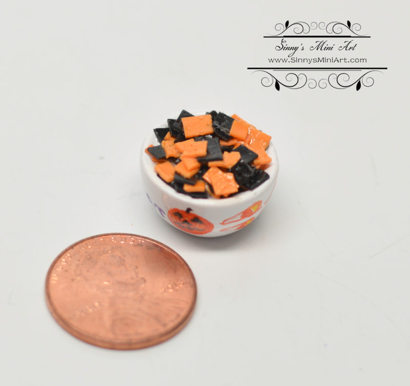 1:12 Miniature Black Orange Nacho Chips in Trick or Treat Bowl/Halloween BD F113