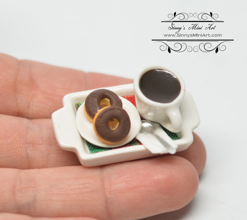 1:12 Dollhouse Miniature Chocolate Donuts and Coffee on Tray BD F128-1