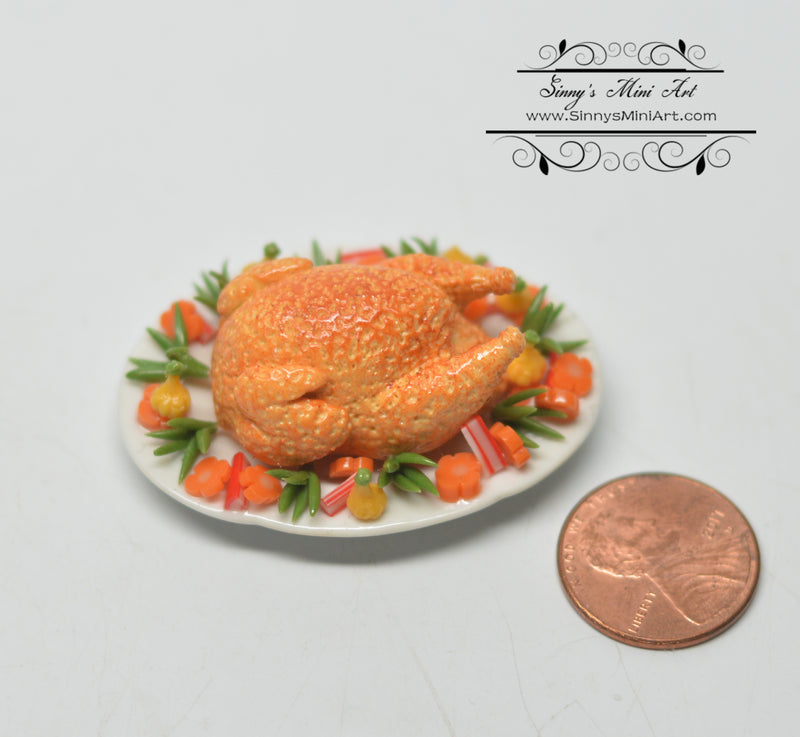 Dollhouse Miniature Tom Turkey on Large Platter with Garnish/Thanksgiving BD F289