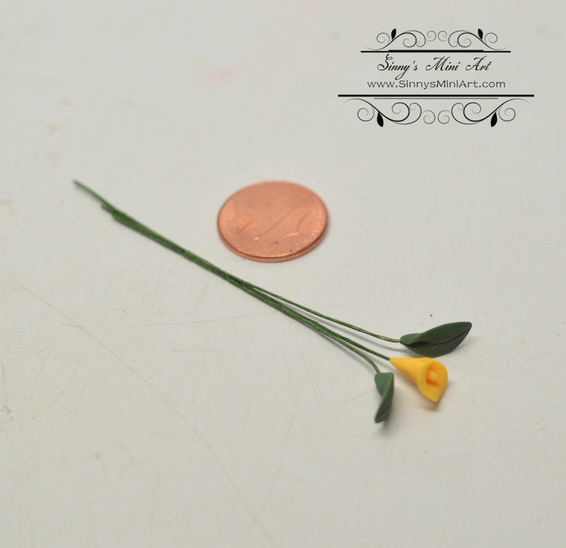 1:12 Dollhouse Miniature Single Yellow Calla Lily with Leaves BD E2406