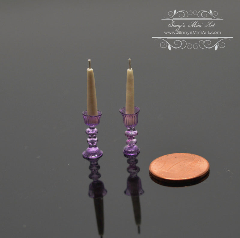 1:12 Miniature Pair of Lavender Glass Candlestick Holders with Candles BD H187