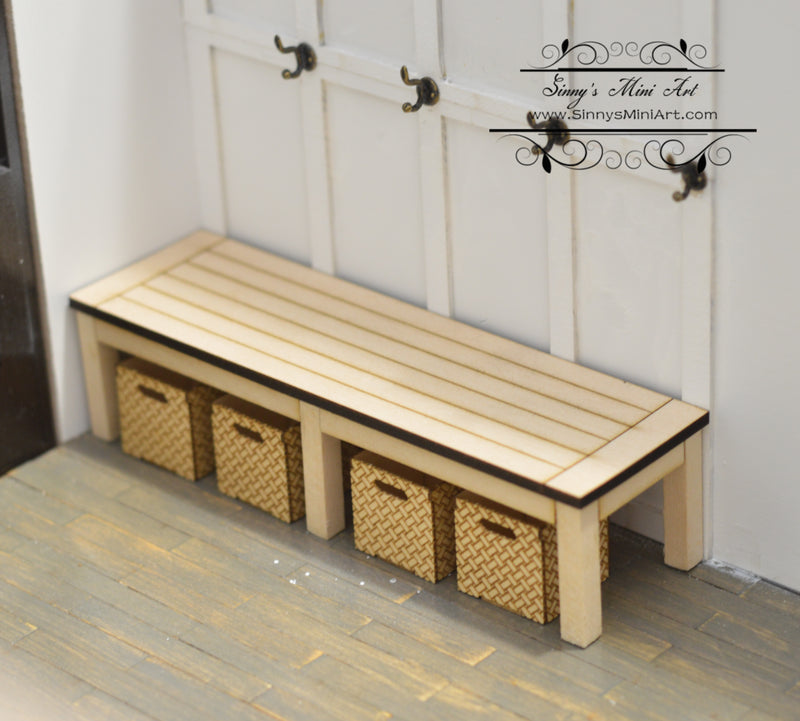 1:12 Dollhouse Miniature Farmhouse Bench with Storage Baskets SMA F011