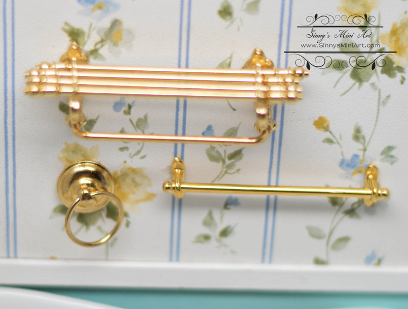 1:12 Dollhouse Miniature Bathroom Wall Shelf / Towel Rack Set,  Golden RP 1.672/6