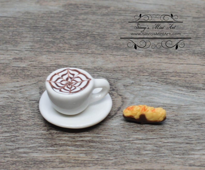 1:12 Dollhouse Miniature Cappuccino with Chocolate Dipped Biscotti on Saucer BD F346