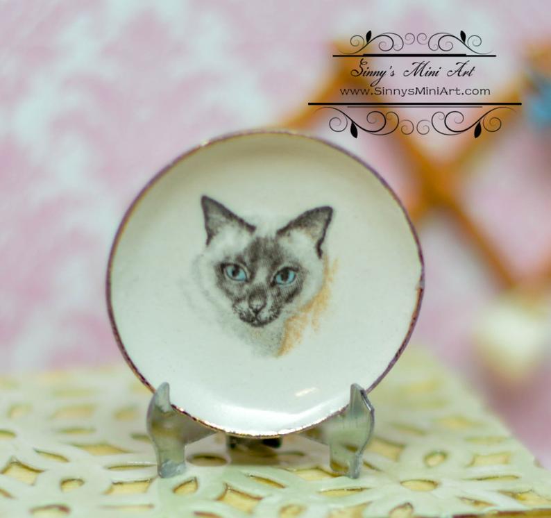 1:12 Dollhouse Miniature Decorative Cat Plate / Gray Cat BB CDD-0-4